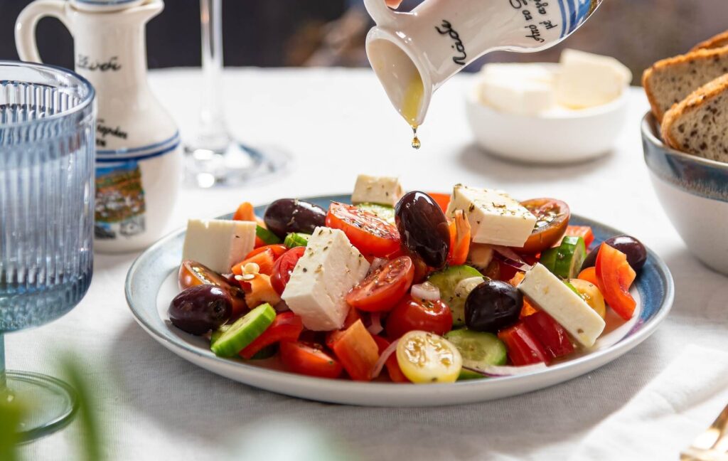 Feta salad with olives on a plate