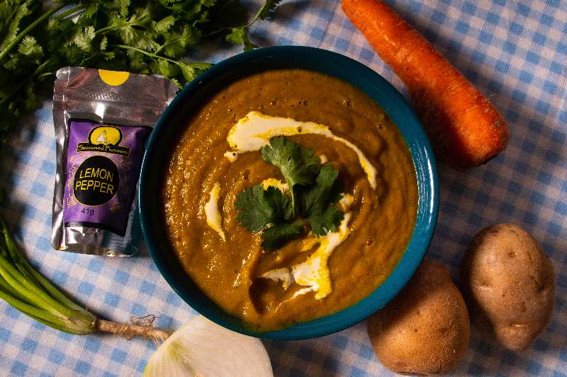 carrot and coriander soup made using seasoned pioneers lemon pepper spice mix
