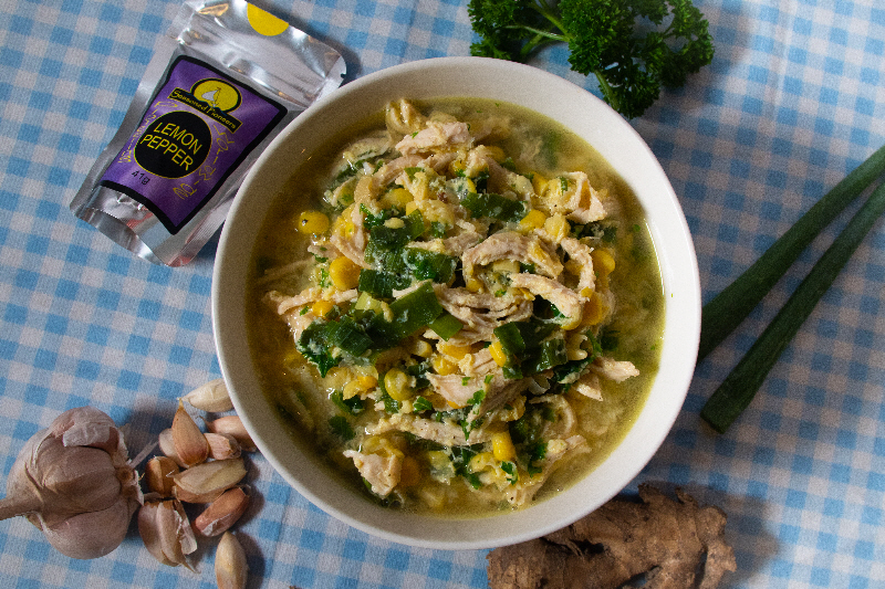Chicken and sweetcorn soup in a serving bowl ready to eat and enjoy